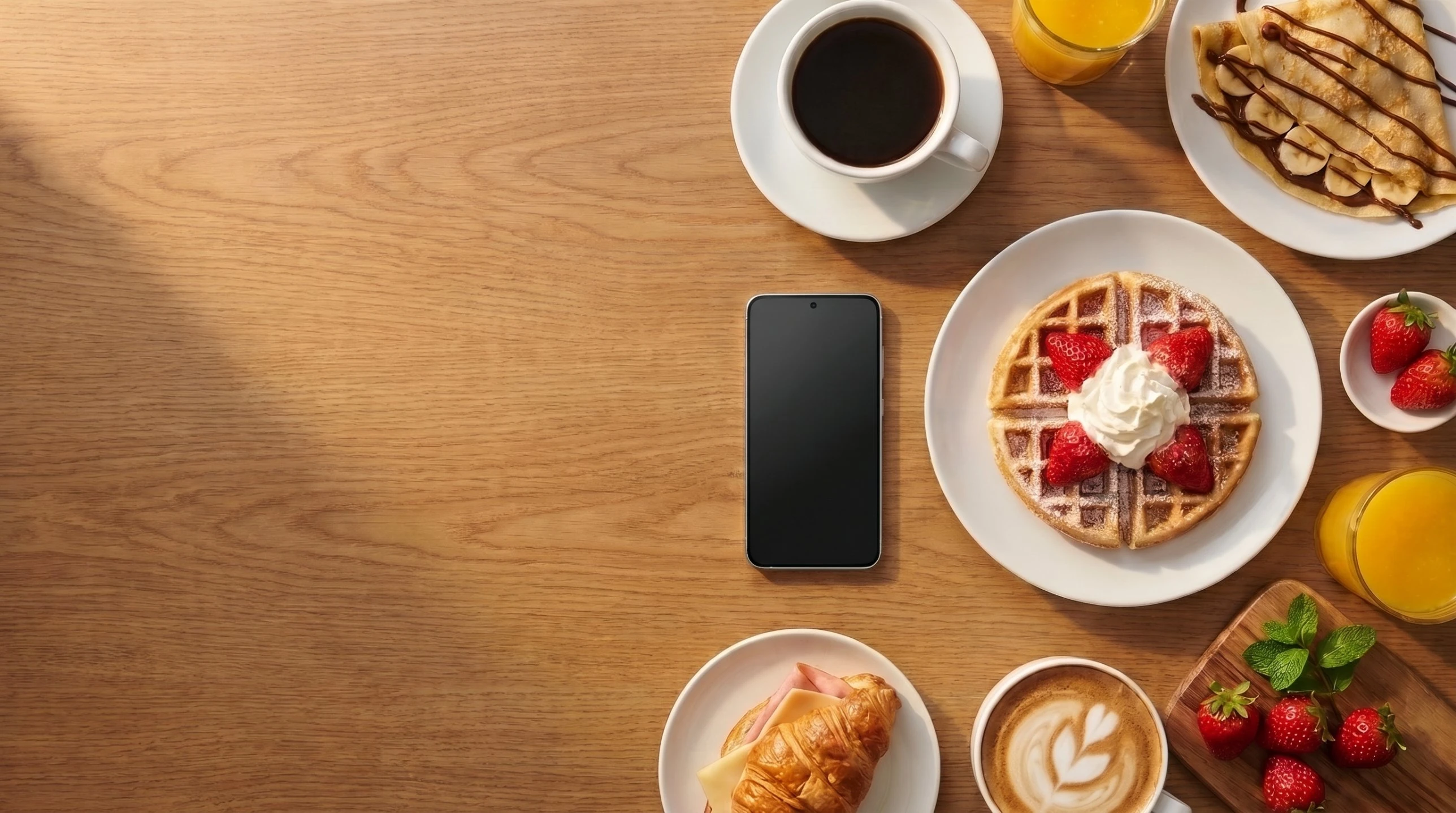 Mesa de madera de un café con waffles, crêpe, café y jugo